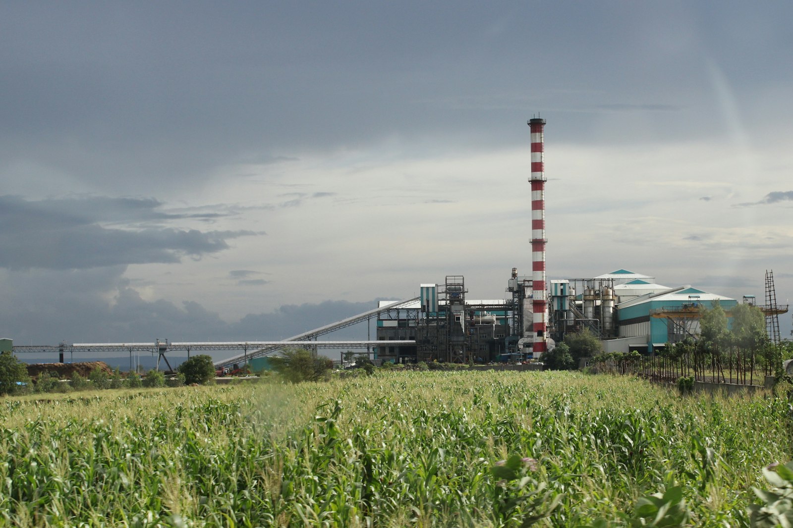 Vista externa de uma planta industrial com tubulações e chaminés