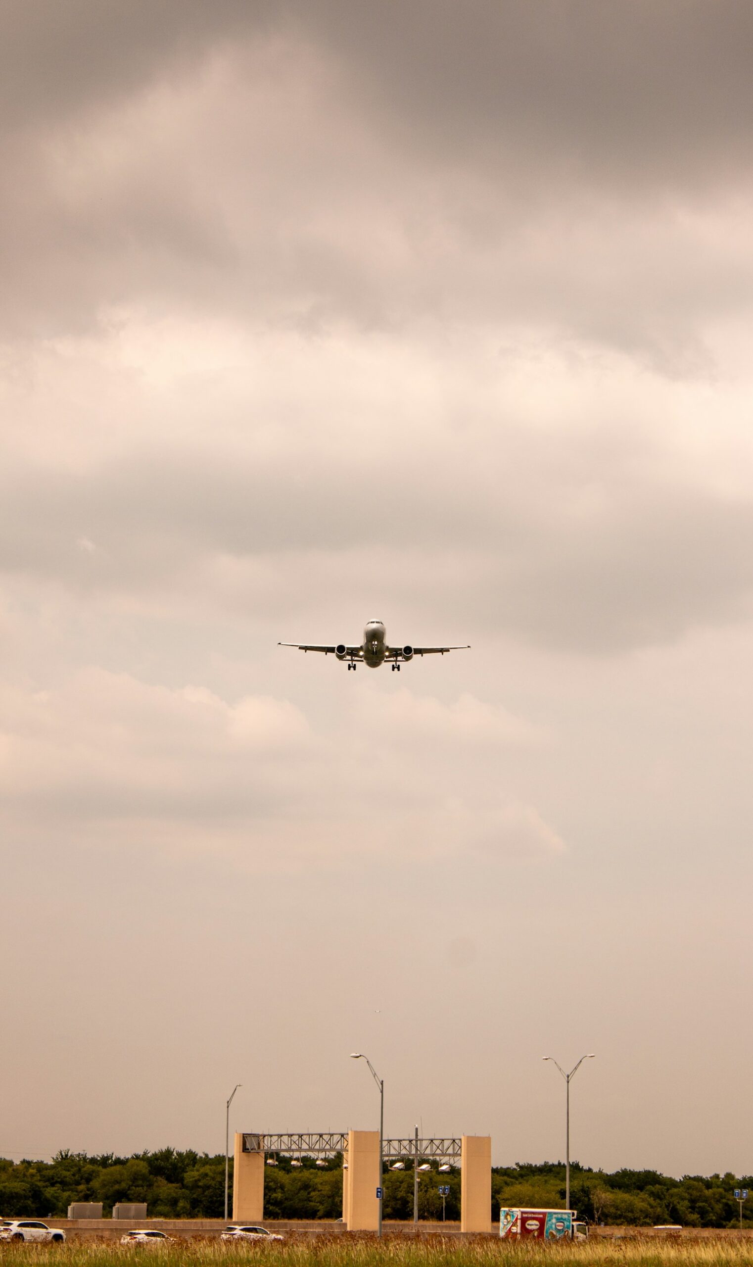Avião de passageiros sobrevoando um campo gramado em aproximação para pouso