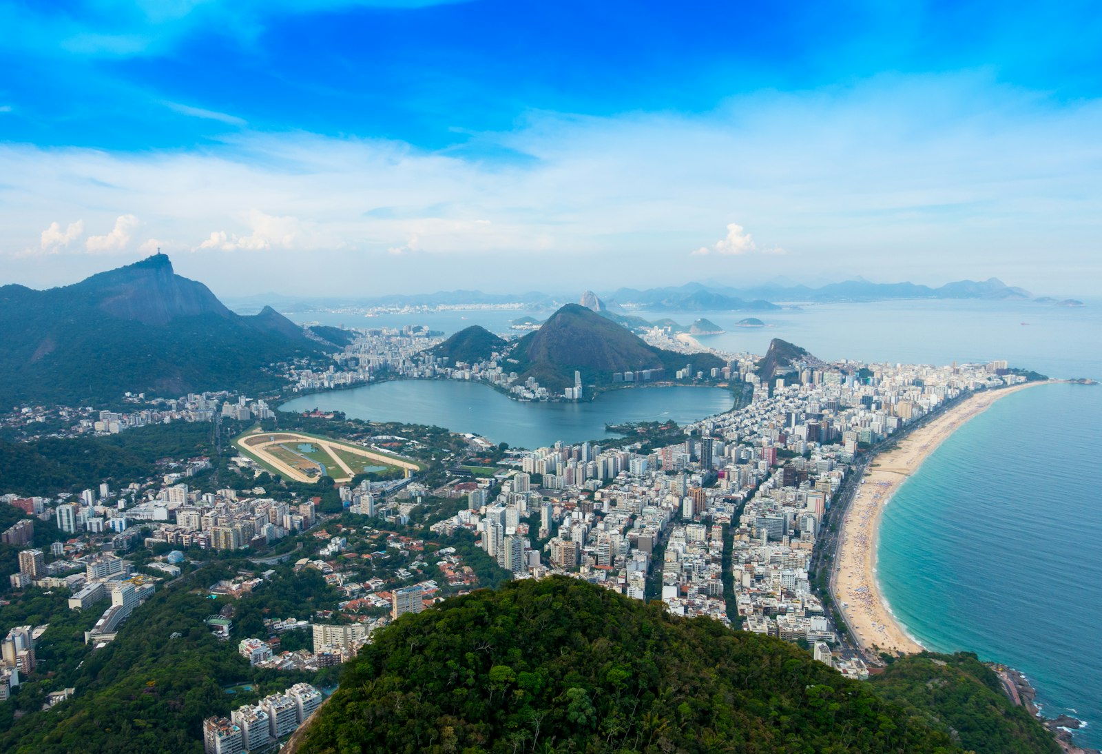 Vista aérea de edifícios de uma cidade entremeados por árvores