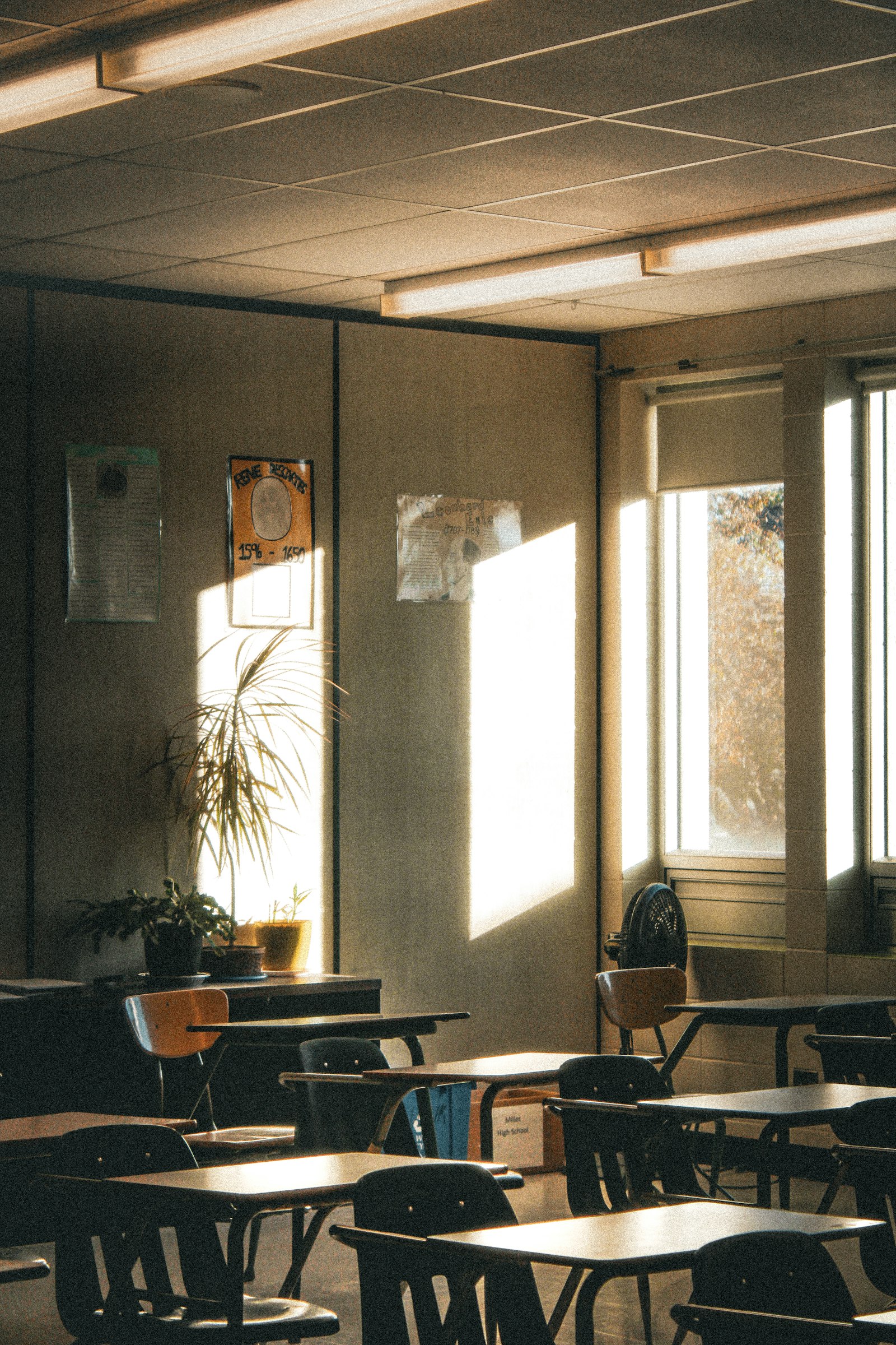 Luz do sol entrando em sala de aula vazia com carteiras escolares